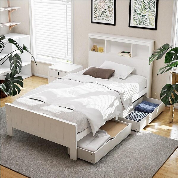 Artiss Bed Frame King Single Wooden with Shelves Drawers Bed Head