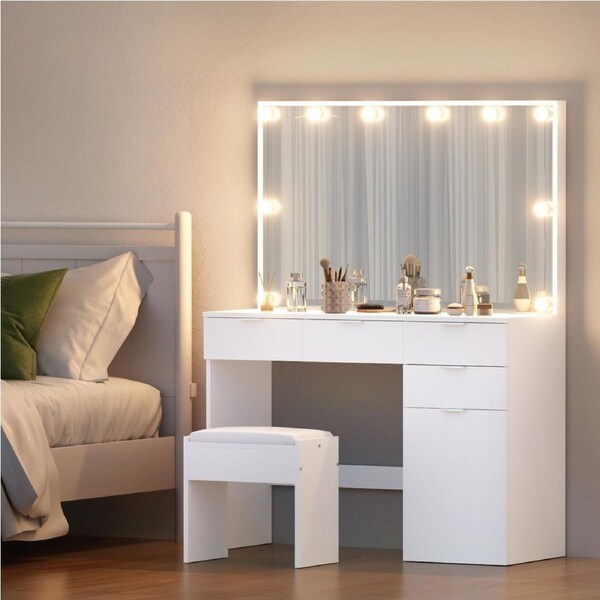 Artiss Dressing Table 10 LED Bulbs Stool Set Vanity Desk Makeup Mirror Storage Drawers Cabinet White