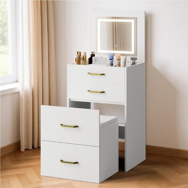 Advwin Dressing Table With Flip-Up Mirror Glass Top 3 Drawers Includes Padded Stool White