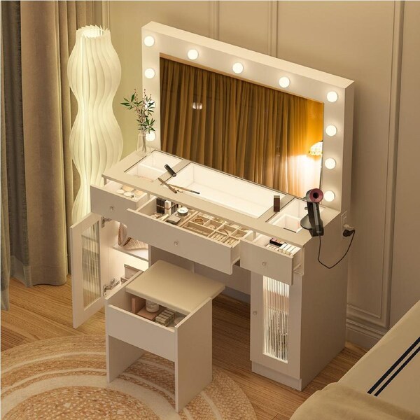 Advwin Dressing Table Set with Large Mirror and Lights Glass Top Power Outlet 3 Color Lighting Modes White