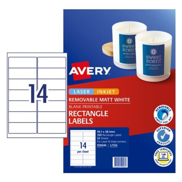 14UP AVERY Removable Multi-Purpose Labels 99.1 x 38.1 mm 350 Labels/25 Sheets L7163