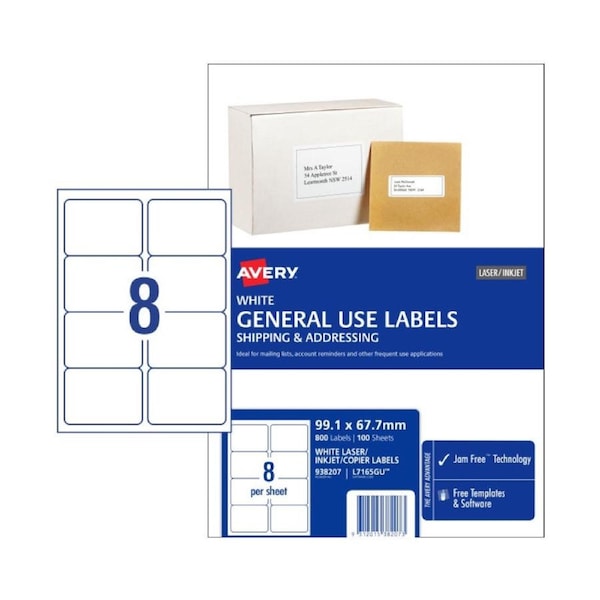 8UP AVERY General use Labels 99.1 x 67.7 mm 800 Labels/100 Sheets L7165GU