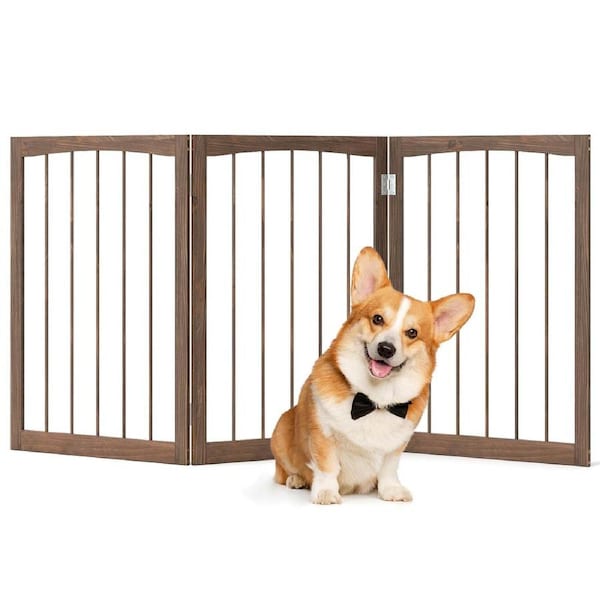 Costway 76cm Tall Wooden Pet Fence Dog Gate Foldable 3-Panel Room Divider Barrier Indoor Brown