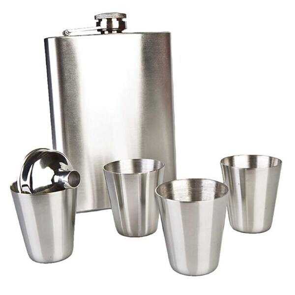 MDI Stainless Steel Classic 225ml Travel Flask Set w/ 4pc Shot Glass Silver