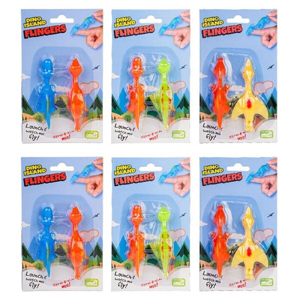 6x Dino Island Squishy Stretchy Rubber Flingers 10.4x3.3cm Dinos Assorted 3y+