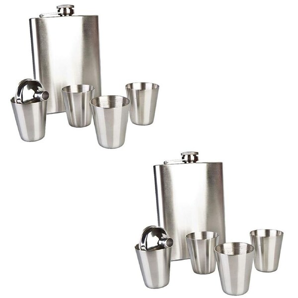 2x MDI Stainless Steel Classic 225ml Travel Flask Set w/ 4pc Shot Glass Silver