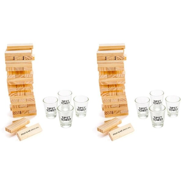 2PK MDI Wooden Tipsy Tower w/ Shot Glasses Stacking Blocks Drinking Game Brown