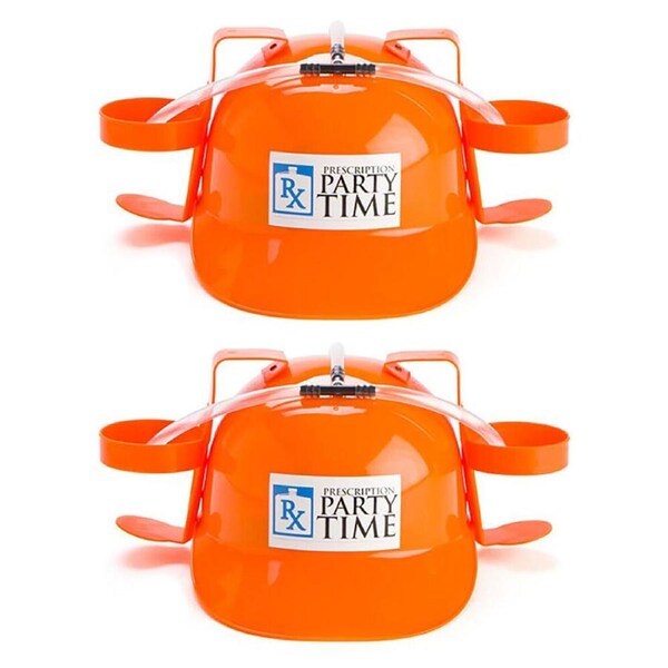 2PK MDI Drinking Hat Beer Helmet Drink Dispenser Prescription 31x27cm Orange