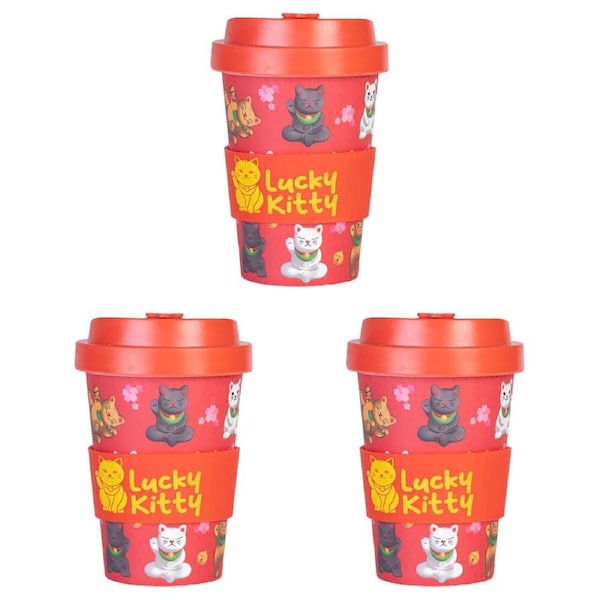 3PK Lucky Cat Eco-To-Go Bamboo 470ml Travel Coffee Cup 6.5x14.5cm Lucky Kitty