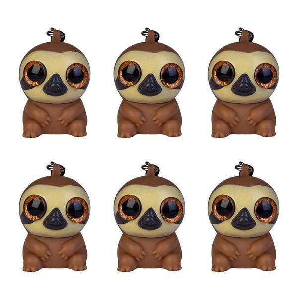 6PK Sloth Lounge Eye Popping Keychain/Keyring Sloth Squeeze Toy 3.5x4.8cm Brown