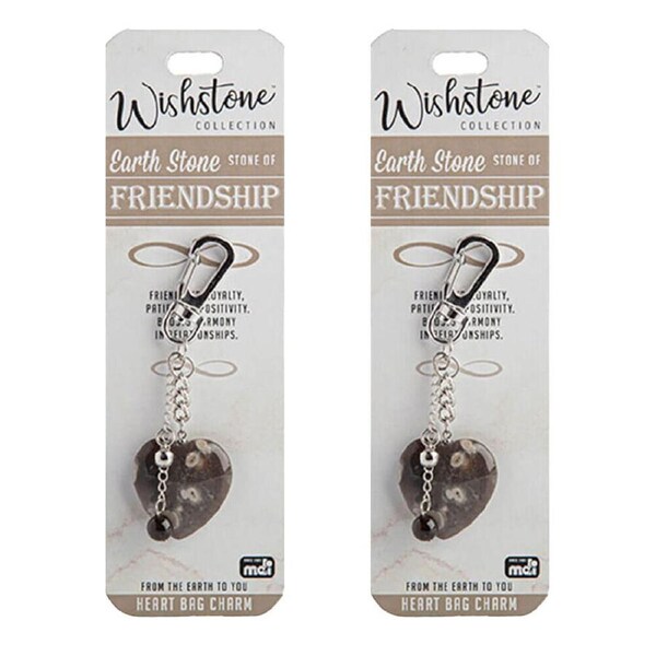 2PK Wishstone Collection Earth Stone Friendship Heart Keyring Charm 4x10cm Brown