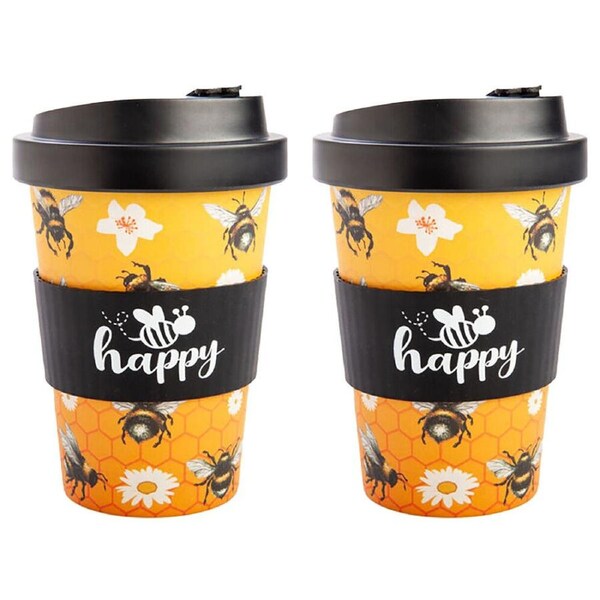 2PK Joybee Eco-To-Go Bamboo 470ml Travel Coffee Cup/Mug 6.5x14.5cm Bee Happy