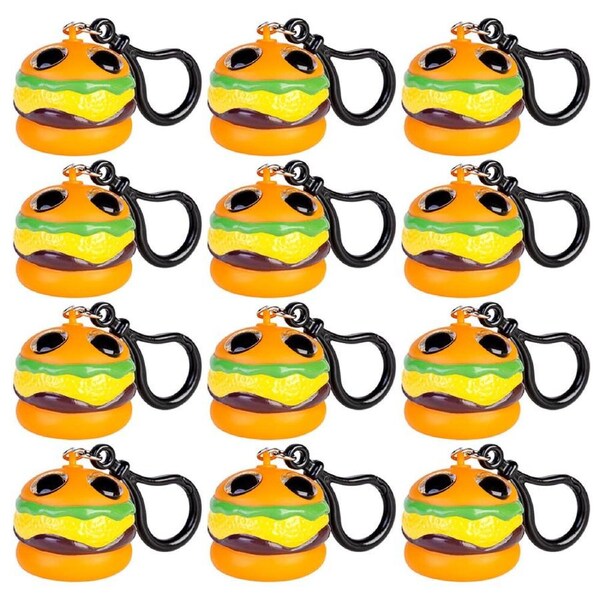 12PK MDI Eye Popping Keychain Burger Squeeze Stress Relief Clip-on Toy 4x4cm