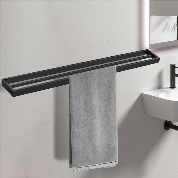 Double Towel Rail Rack Ring Holder Square 304 Stainless Steel Black 600mm