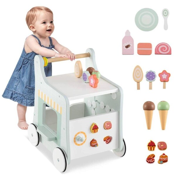 Costway 2in1 Push Pull Walker Walking Stroller Learning Activity Center Montessori Toy Educational Dessert Station Play Green