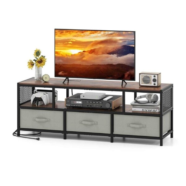 Costway TV Stand for TVs up to 65” 3-Tier Entertain Center w/Power Outlets USB Charging Brown
