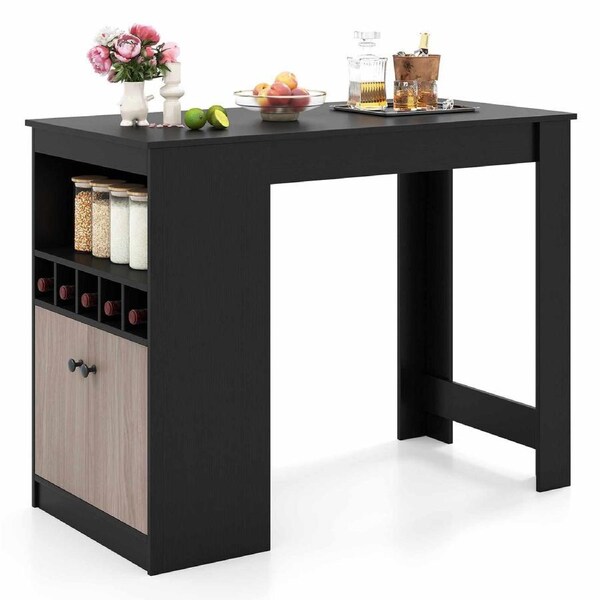 Costway Bar Table w/Storage Cabinet Wine Rack & Adjustable Shelf Home Kitchen Cafe Pub Counter Dining Table