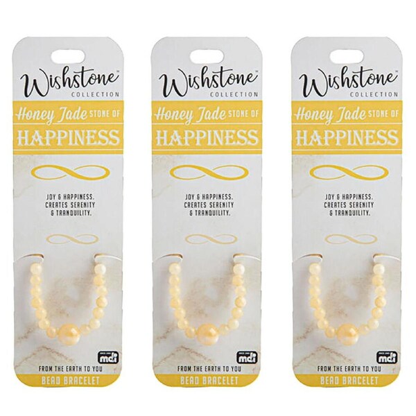 3PK Wishstone Honey Jade Bead Bracelet Stone of Happiness Gemstone Womens Bangle