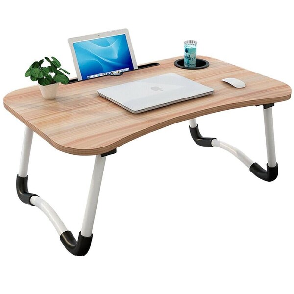 Laptop Stand Table Foldable Desk Computer Study Bed Adjustable Portable Cup Slot Walnut