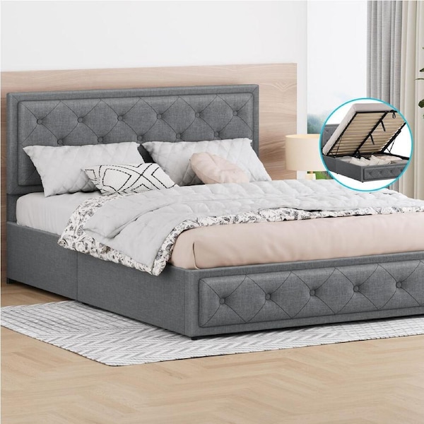 ALFORDSON Bed Frame Double Size Gas Lift Storage Mattress Base Fabric Grey DIANA