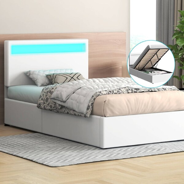 ALFORDSON Bed Frame King Single RGB LED Gas Lift Storage Base White LUCHINO