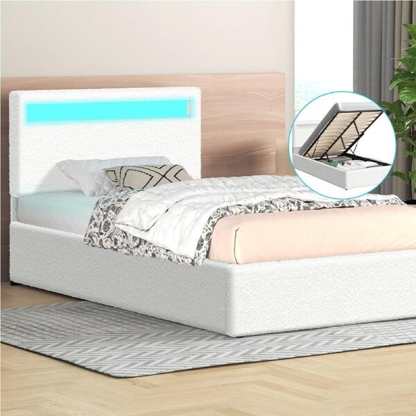 ALFORDSON Bed Frame King Single RGB LED Gas Lift Storage Base Boucle LUCHINO