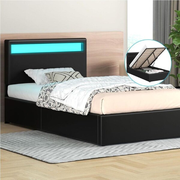 ALFORDSON Bed Frame King Single RGB LED Gas Lift Storage Base Black LUCHINO