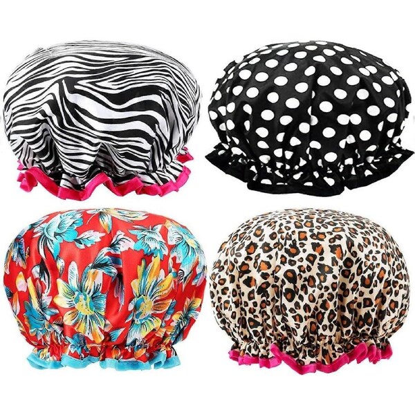 4 Pack Shower Caps, Luxury Double Layer Silky Satin Shower Caps for Women Long Hair, Large Waterproof Shower Cap for Men, Reusable Bathing Cap for Kid