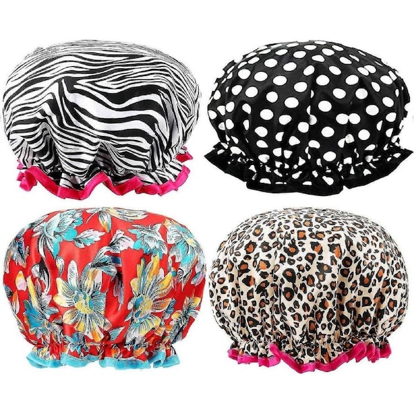 Shower Cap 4 Pack, Luxury Double Layer Silky Satin Shower Caps, Reusable Bath Shower Hat
