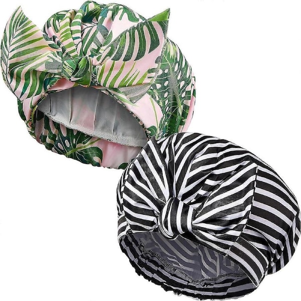 2 Pieces Shower Caps for Women, Reusable Shower Caps Waterproof Elastic Hem Turban Bath Shower Caps for Long Hair (Palm Leaf and Stripe)