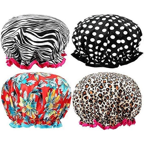 Kongqtee Shower Cap 4 Pack, Luxury Double Layer Silky Satin Shower Caps for Women Long Hair, Large Waterproof Shower Cap Men, Reusable Bath Shower Hat
