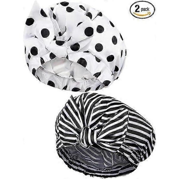 2 Pack Shower Caps for Women (Black Dots and Stripes), Waterproof Reusable Shower Caps, Elastic Hem Bandana Shower Caps for Long Hair