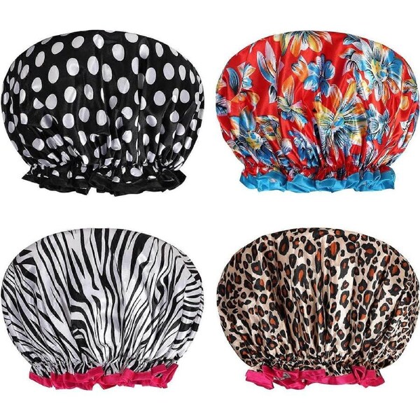 (B)Shower Cap, 4 Pieces Waterproof Shower Cap, Reusable Bathing Caps with Elastic Bands for Women Girls Shower SPA Salon