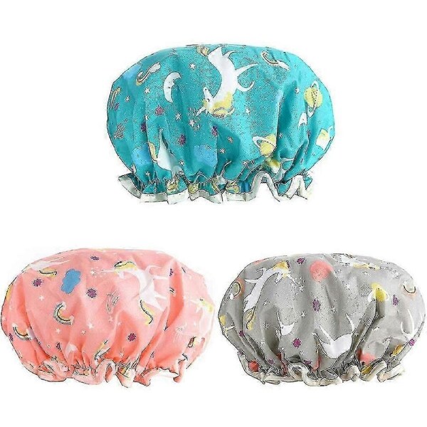 Waterproof Adjustable Shower Caps for Women, 3 Pack Double Layer Shower Cap