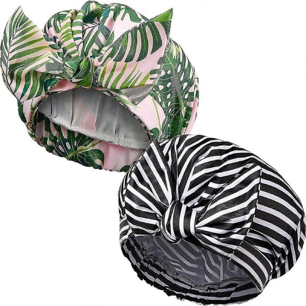 2 Pieces Shower Caps For Women, Waterproof Reusable Shower Hair Caps Elastic Hem Shower Bath Caps (palm Leaf And Stripe)