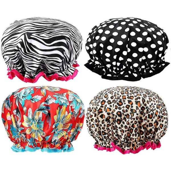 Women's Shower Cap, Pack Of 4, Luxury Double Layer Satin Shower Cap, Children, Reusable, Waterproof, Elastic Shower Cap For Spa, Salon TA
