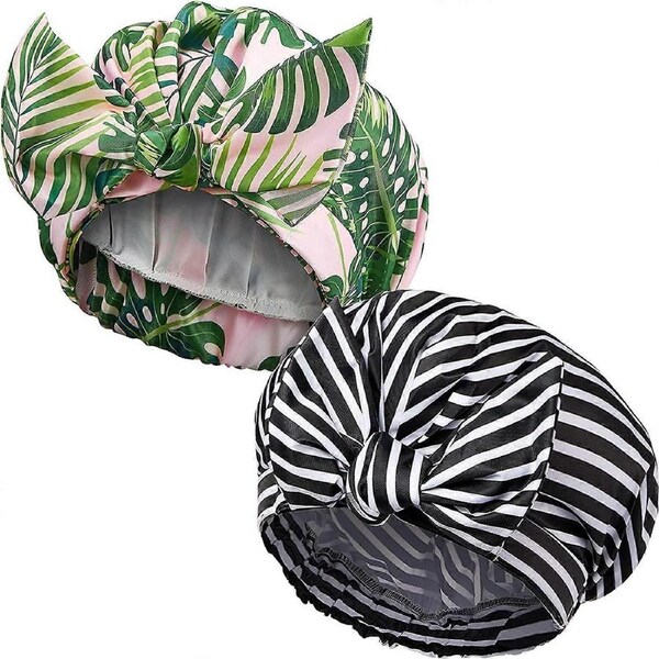 2 Pieces Shower Caps for Women, Waterproof Reusable Shower Hair Caps Elastic Hem Shower Bath Caps (Palm Leaf and Stripe)