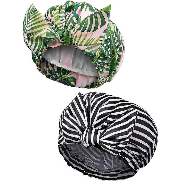 2 Pieces Shower Caps for Women, Reusable Waterproof Elastic Hem Turban Shower Caps Bath Shower Caps for Long Hair (Palm Leaf and Stripe)