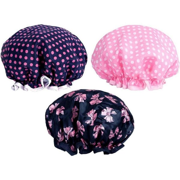 3 Pack Double Layer Shower Cap Waterproof Elastic Shower Cap Women's Shower Spa Salon