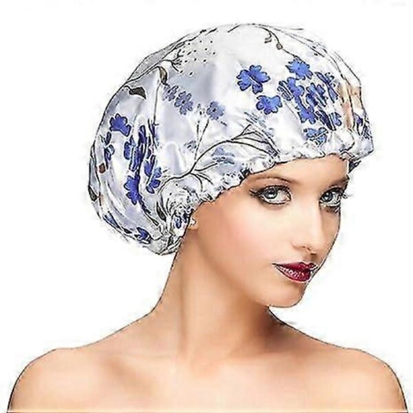 Shower Cap, Adjustable Shower Caps for Women, Extra Large Upgrade Double Waterproof Layers Hair Cap, Bath Caps Shower Hat Women 34CM blue white