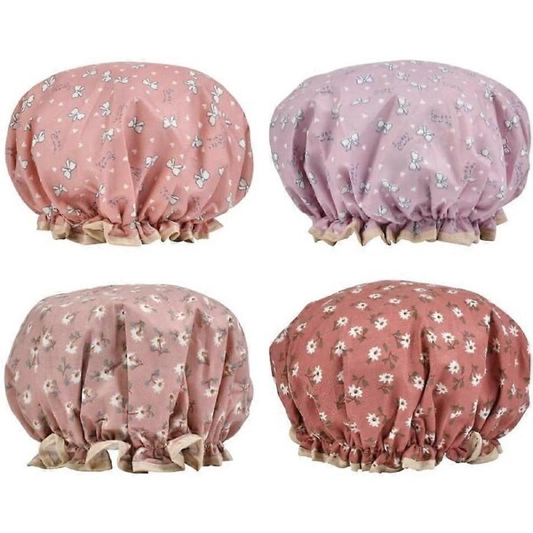 Shower Caps Women Double Layer Shower Cap Waterproof Elastic Swim Cap Floral Pattern for Women Shower Bath Salon (Blue)