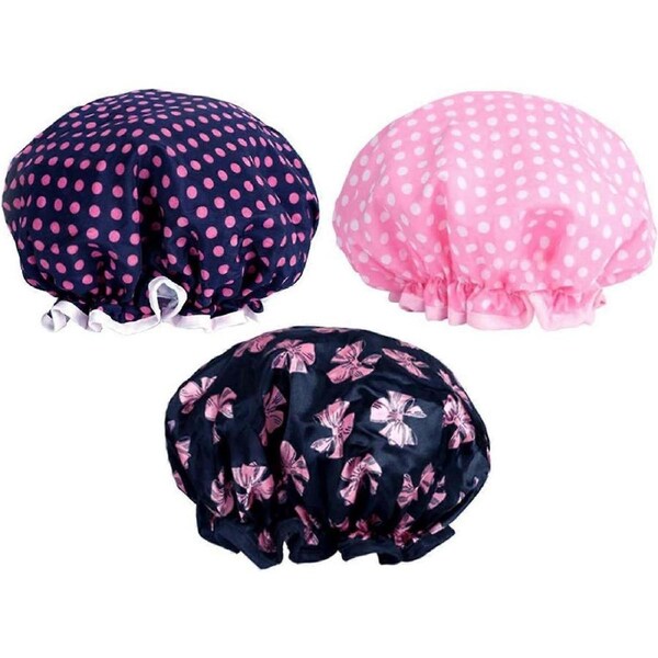 3 Pack Double Layer Shower Caps Waterproof Elastic Shower Caps for Women Shower Spa Salon