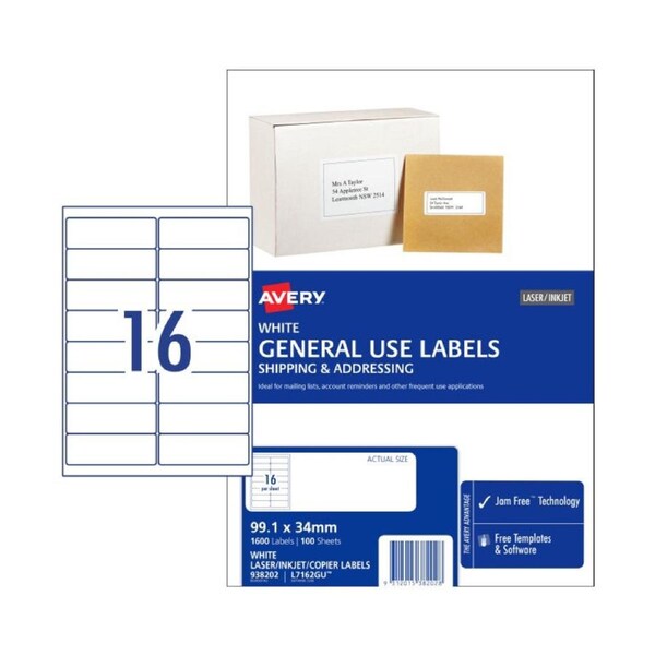 16UP AVERY General use Labels 99.1 x 34 mm 1600 Labels/100 Sheets L7162GU