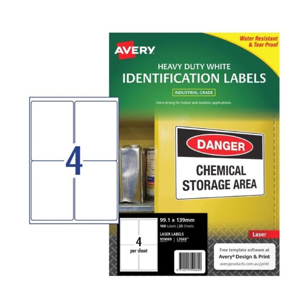 4UP AVERY L7069 White Heavy Duty Labels 99.1 x 139 mm 100 Labels/25 Sheets