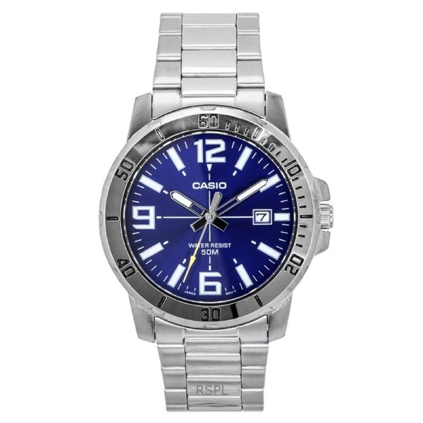 Casio Enticer Quartz MTP-VD01D-2BV Mens Watch Analog Stainless Steel Blue Dial Date Display Rotating Bezel 50M