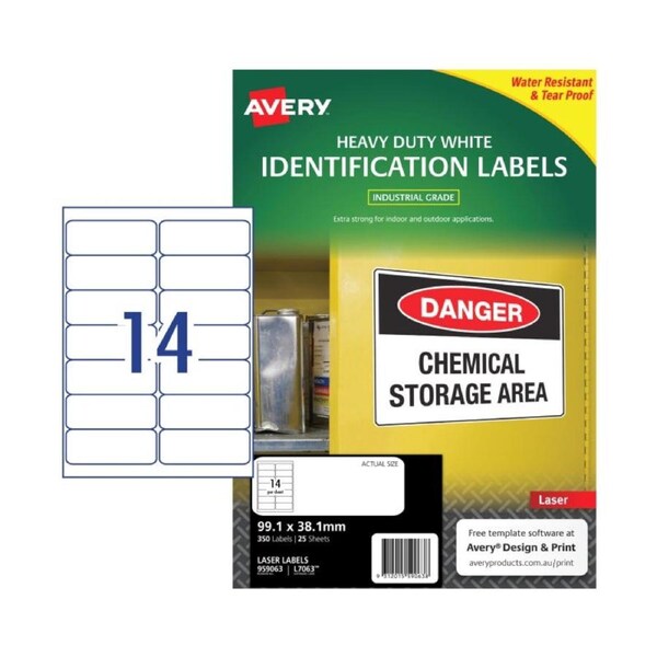 14UP AVERY L7063 White Heavy Duty Labels 99.1 x 38.1 mm 350 Labels/25 Sheets