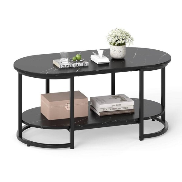 Giantex Black Marble Coffee Table 2-Tier Oval Center Table w/Open Shelf Metal Frame Cocktail Table