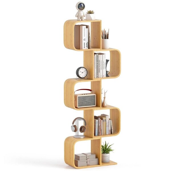 Giantex 5-Tier Bamboo Bookshelf S-Shaped Bookcase w/Open Cubes Display Shelf Storage Organizer Natural