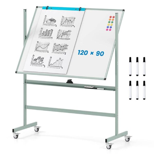Costway 120x90cm Double-Sided Mag Rolling Whiteboard w/2-Height Adjustable Easel