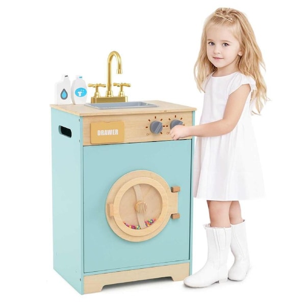 Costway Washer Playset Toy Wooden Washing Machine w/Laundry Detergent Pretend Play Set